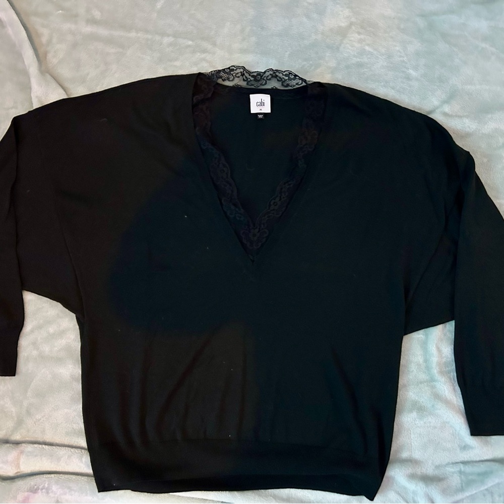 CAbi Black V-Neck Sweater with Lace Detail